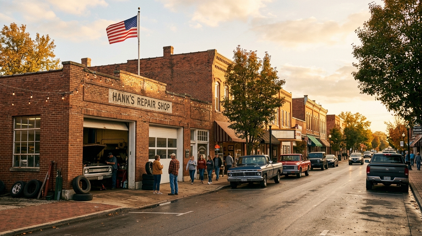 A small-town Indiana main street at golden hour