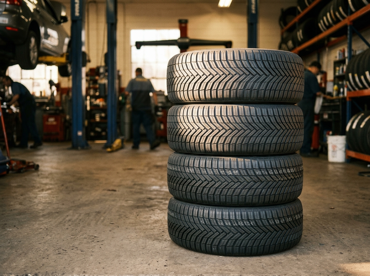 A stack of new tires with deep tread