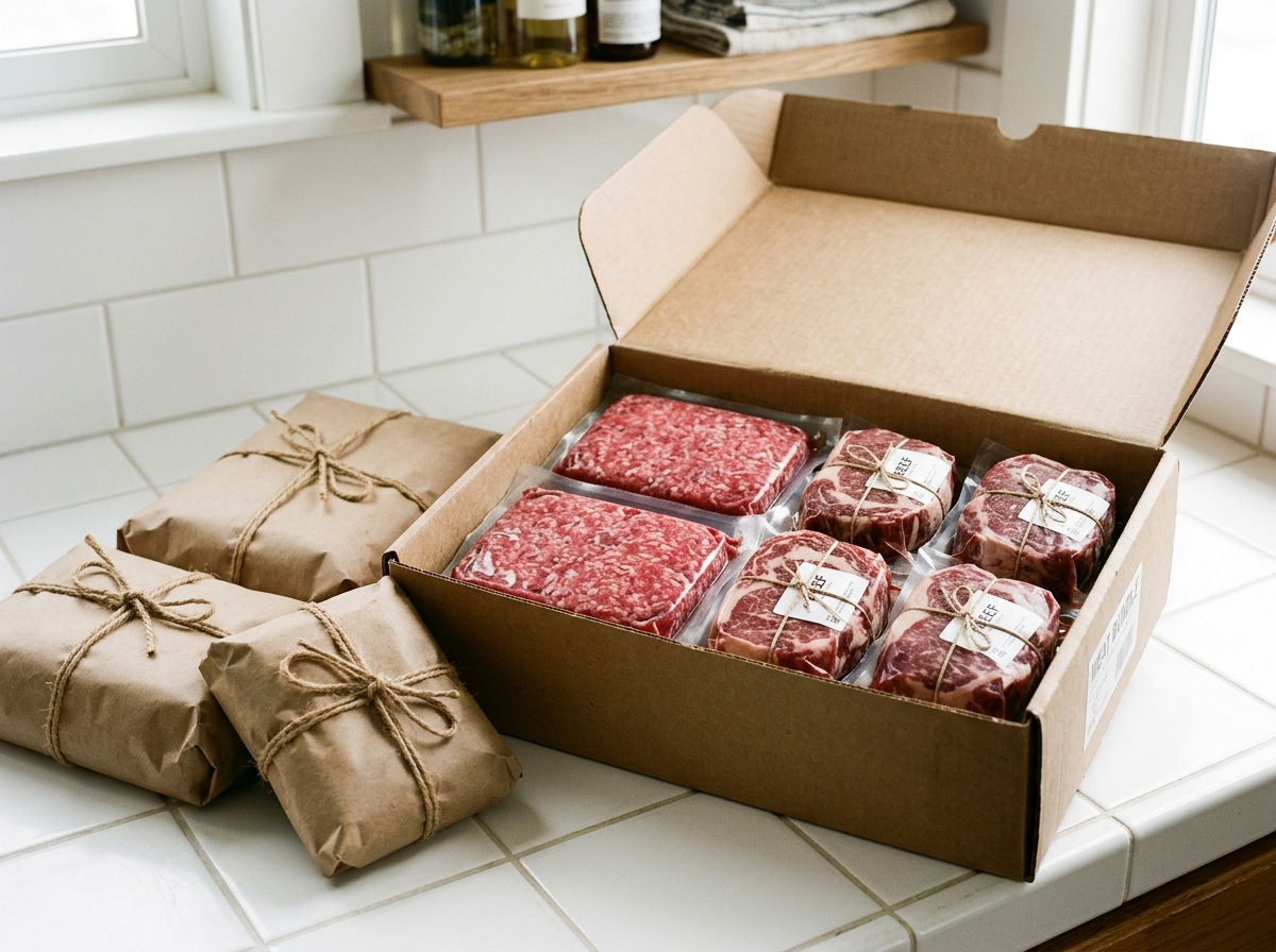 A freezer meat bundle of vacuum-sealed packs in a box