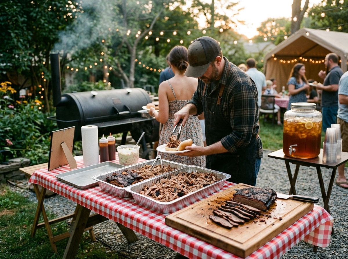 A hog roast catering spread with pulled pork and sliced brisket