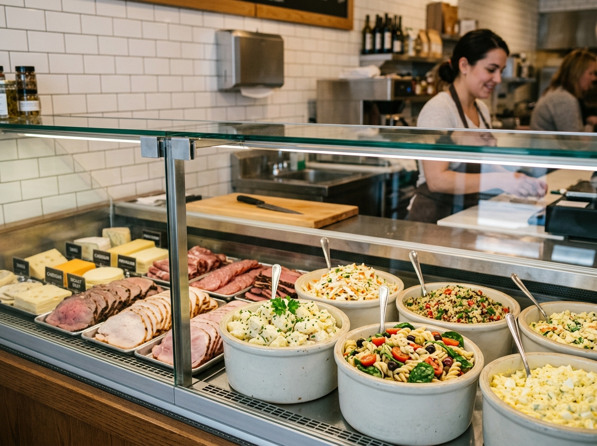 The deli case with salads and sliced meats