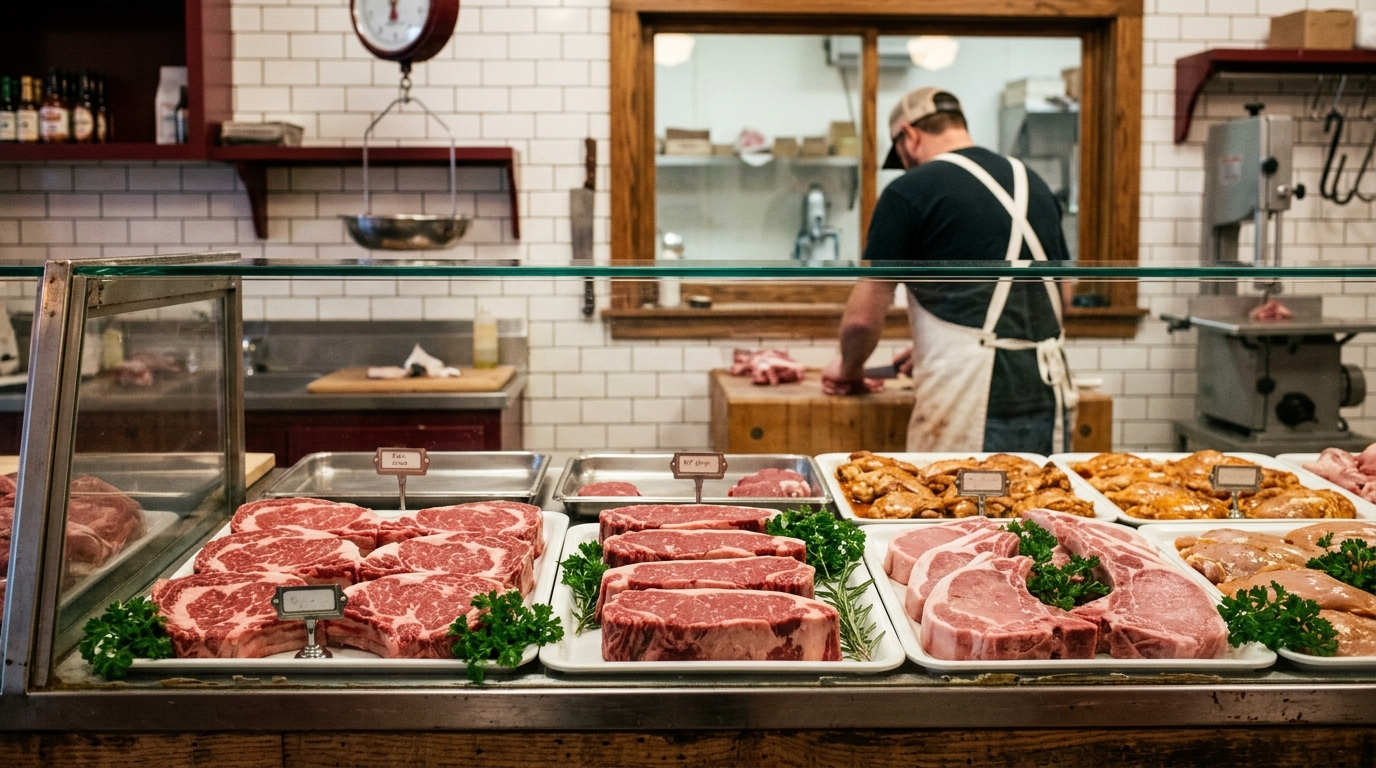 The glass display counter at Jamison Meats, filled with hand-cut steaks and chops