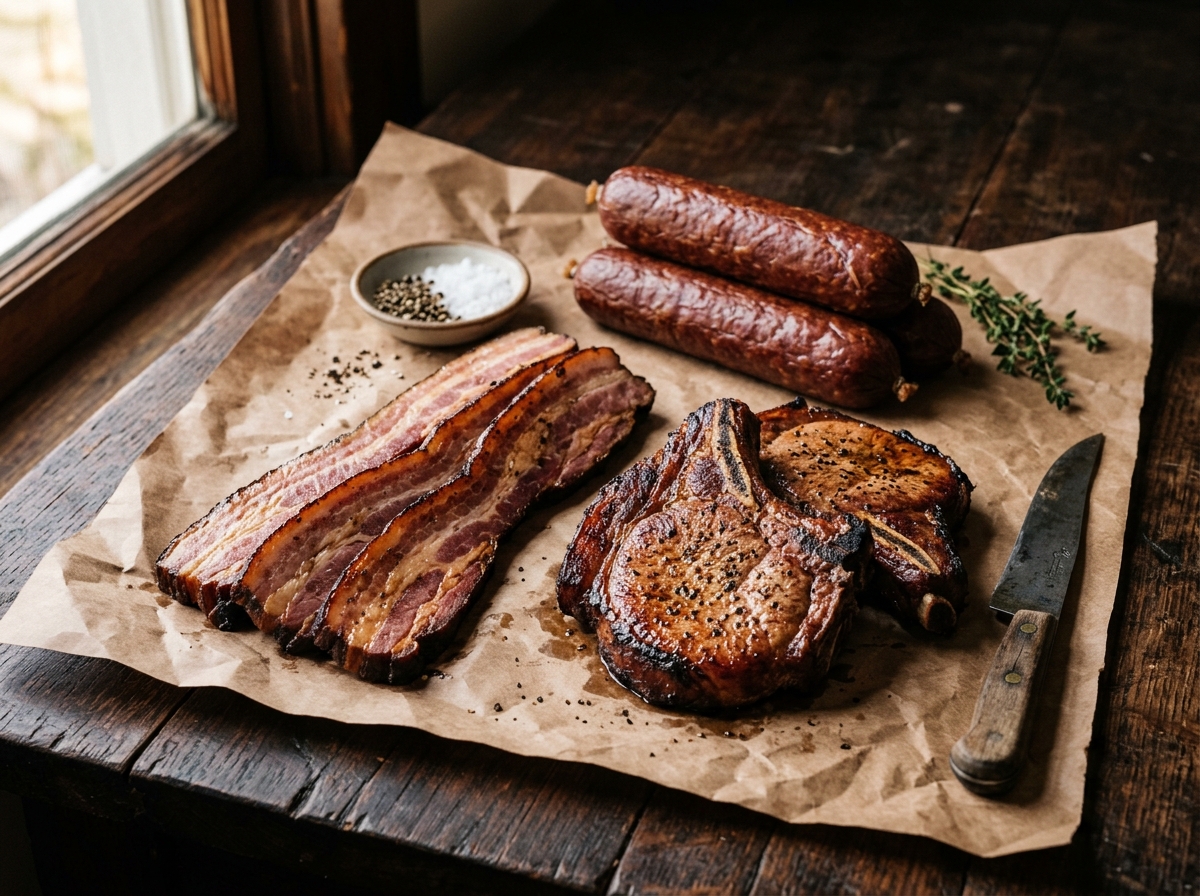 Thick-cut smoked bacon and smoked sausages
