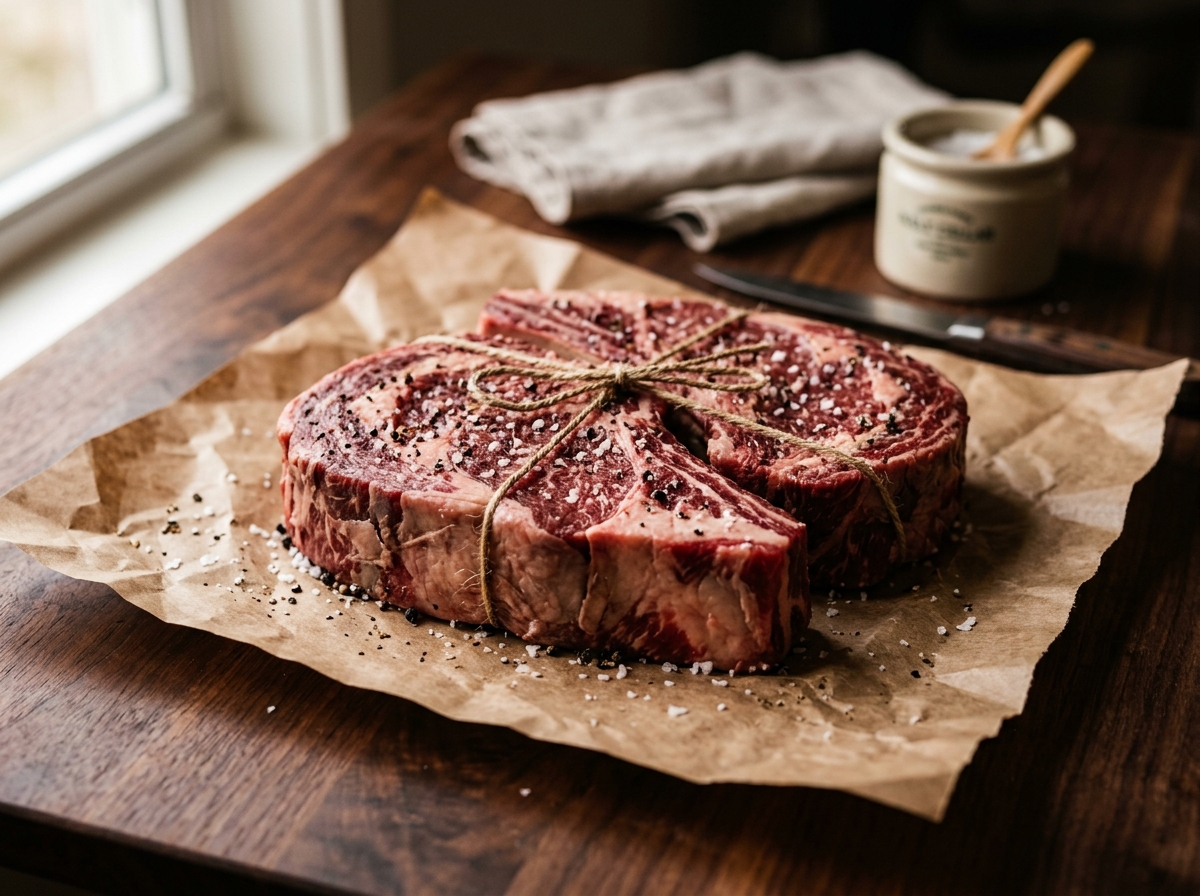 Two thick hand-cut ribeye steaks on butcher paper tied with twine