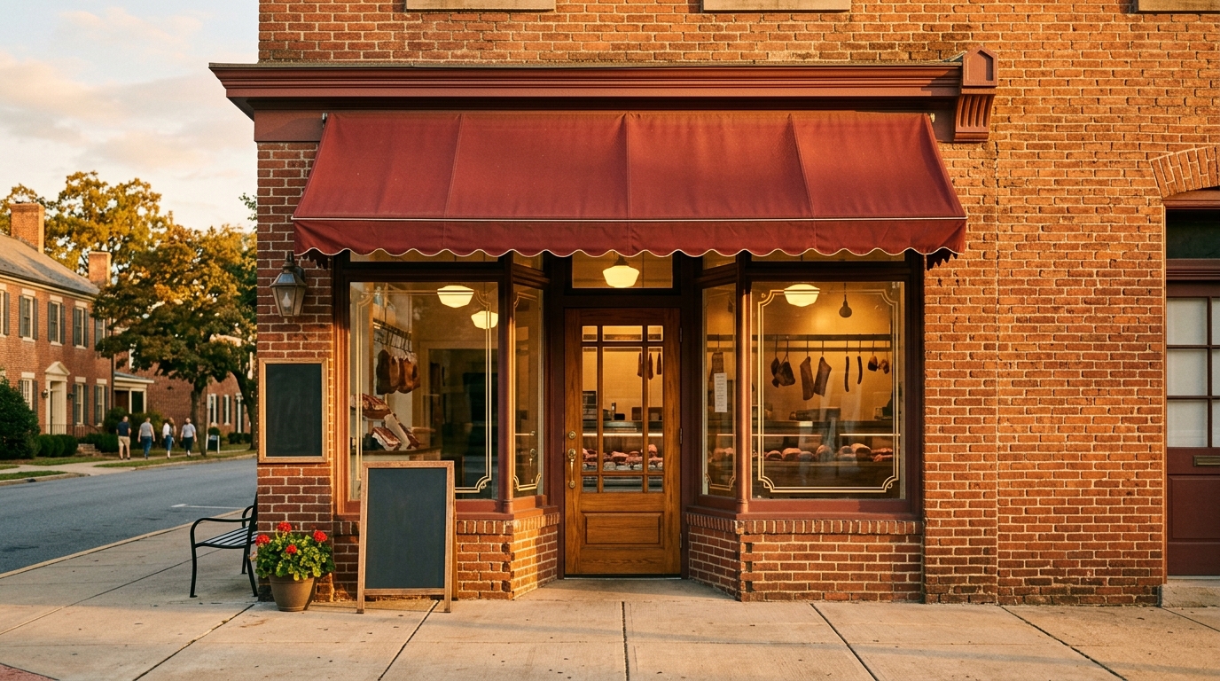The brick storefront of a classic neighborhood butcher shop