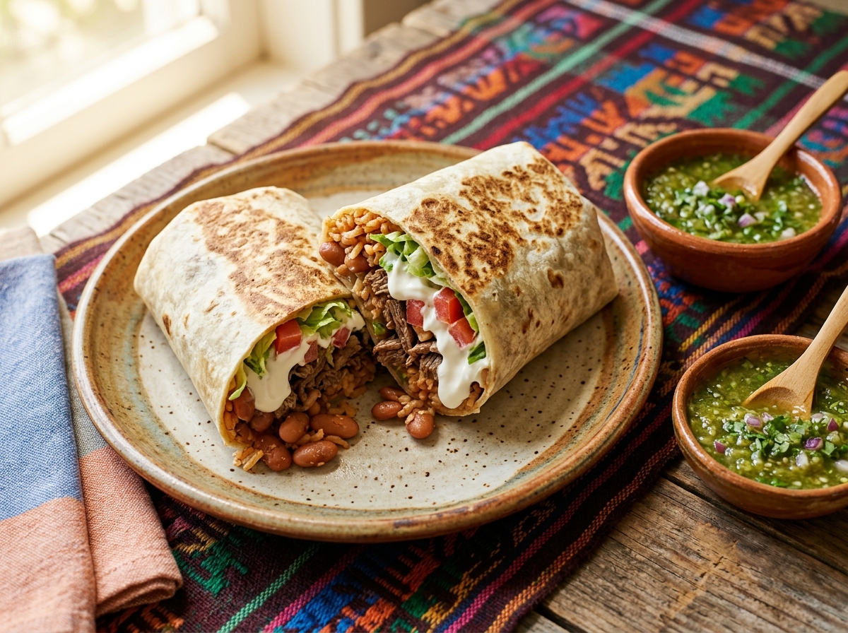 A big burrito with beans, lettuce, tomato and sour cream