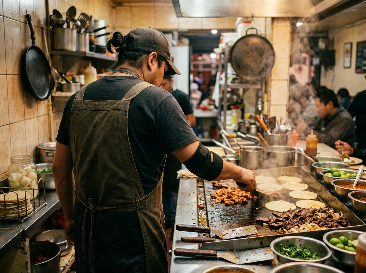 A cook working the flat-top griddle behind the counter of a small taqueria