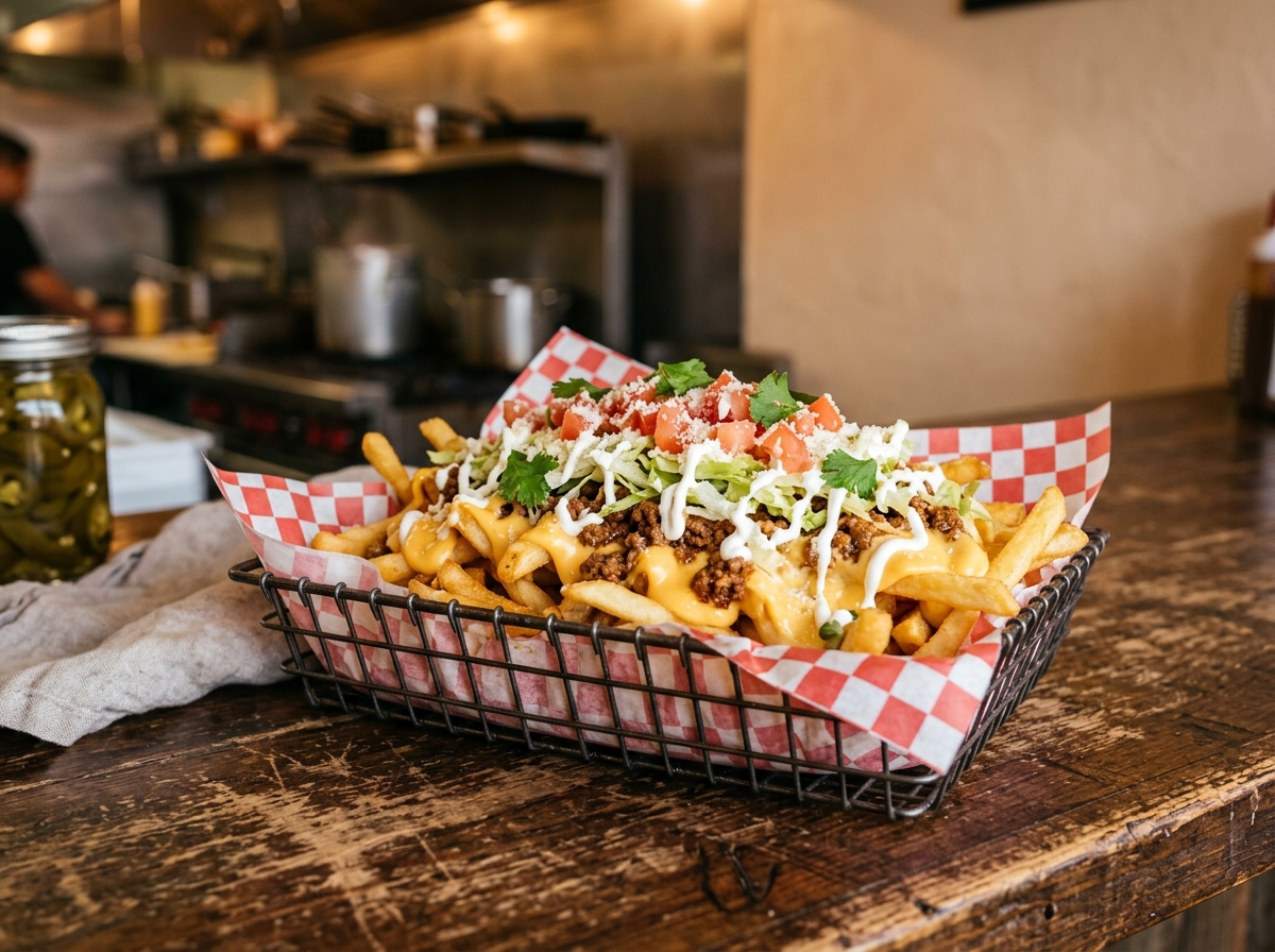 Cheese fries supreme topped with ground beef, lettuce, tomato and sour cream