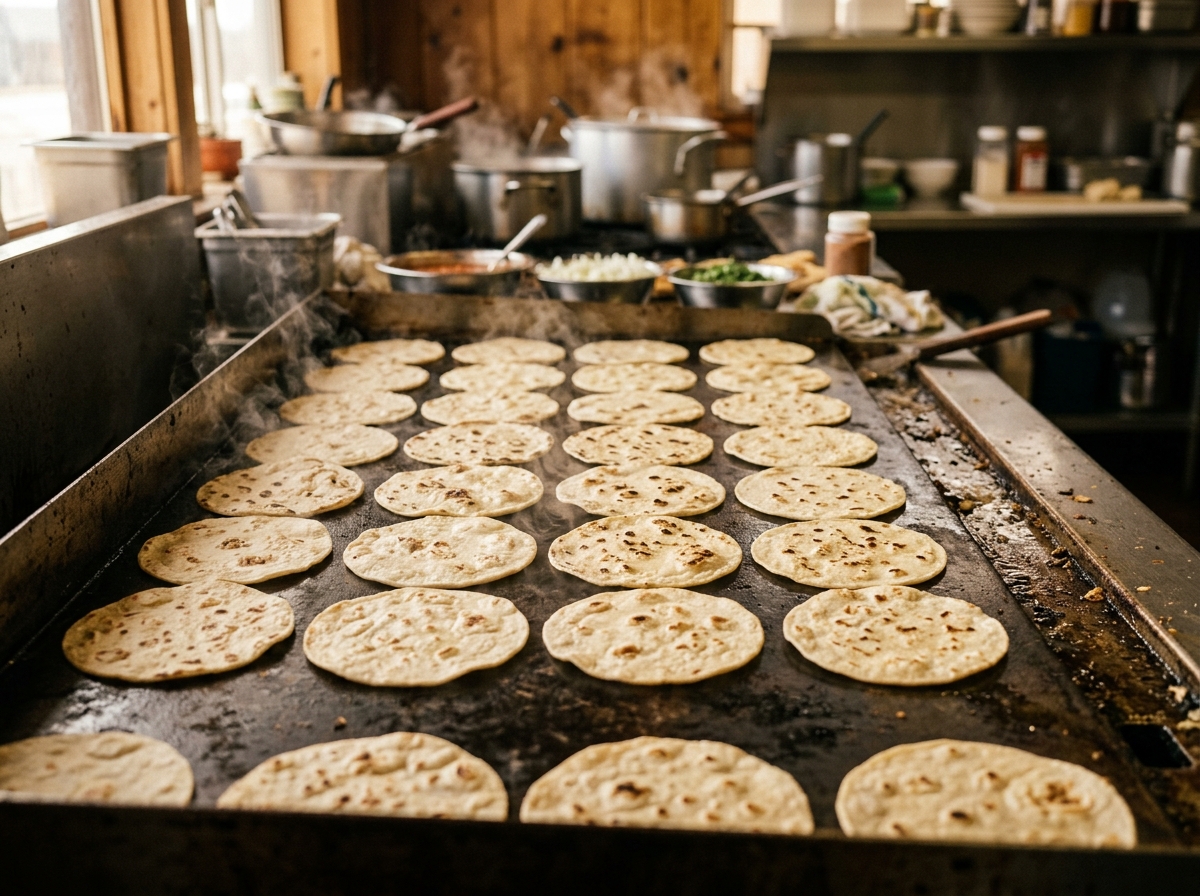 Tortillas warming in neat rows on the flat-top griddle