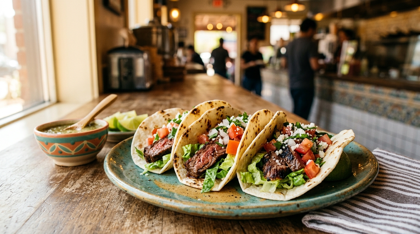 A plate of fresh steak tacos with lettuce and tomato at Jeny's Tacos in Kendallville