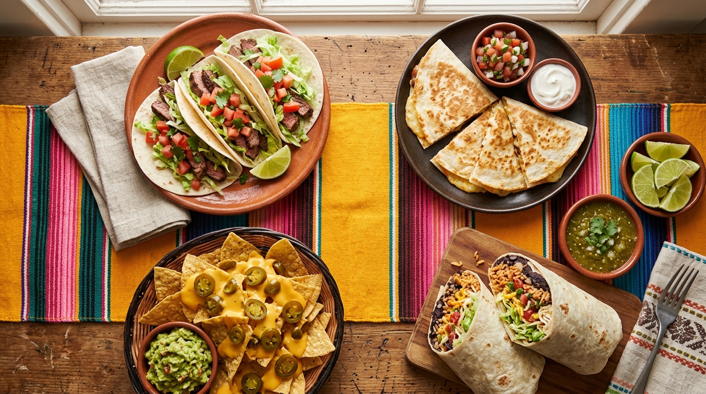 A colorful spread of tacos, quesadillas and nachos on the counter at Jeny's Tacos