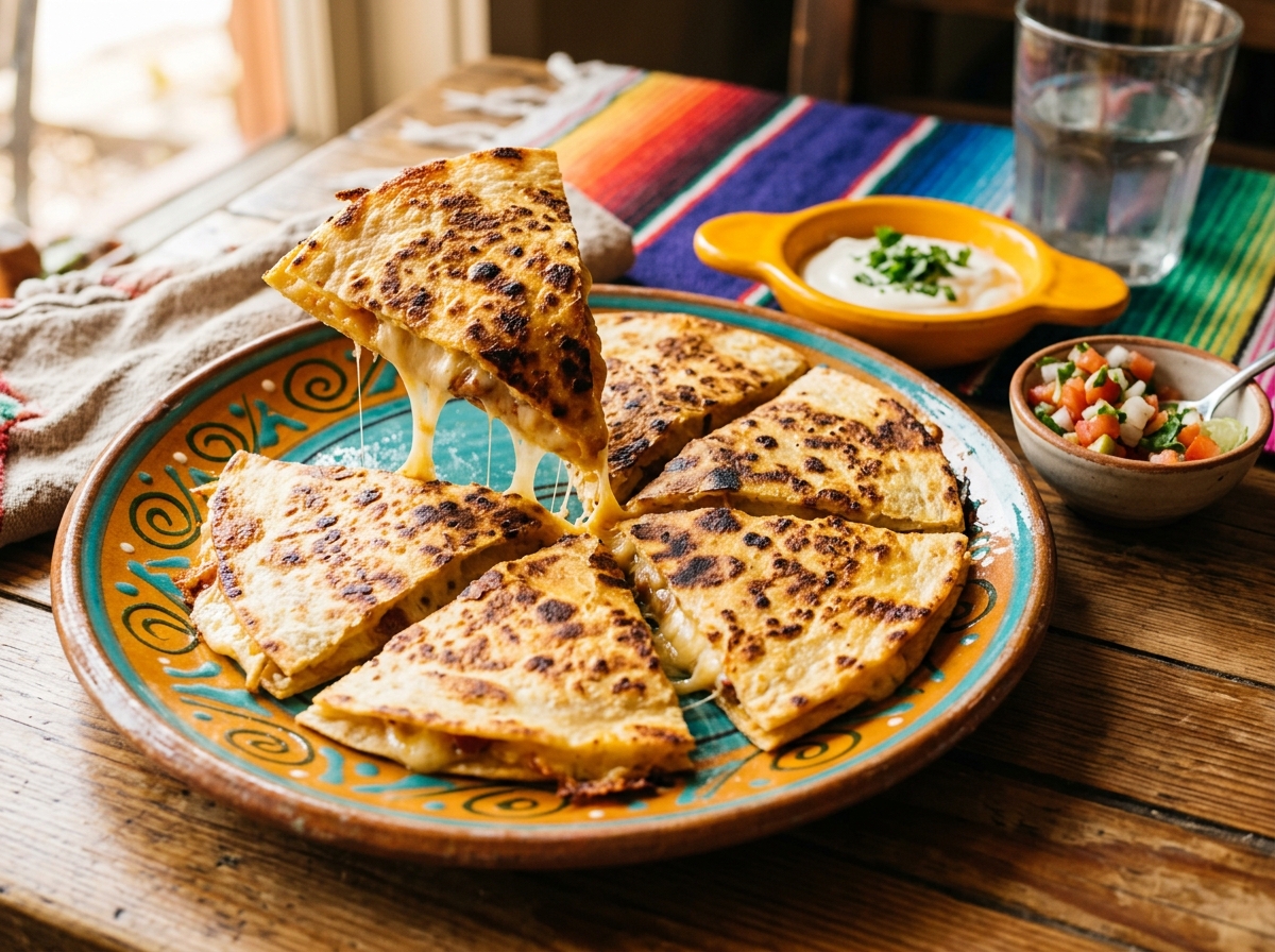 A golden quesadilla cut into wedges