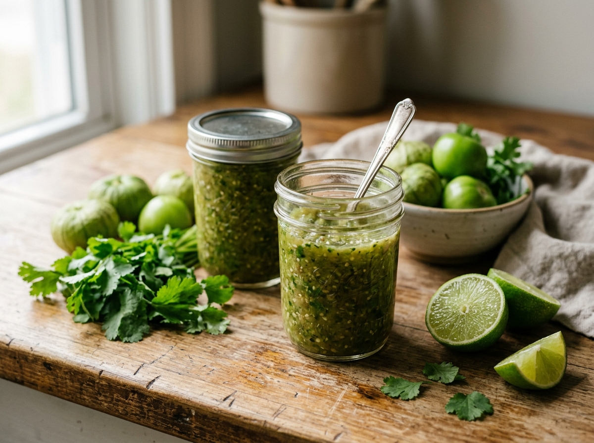 Jars of homemade salsa verde with fresh tomatillos and cilantro