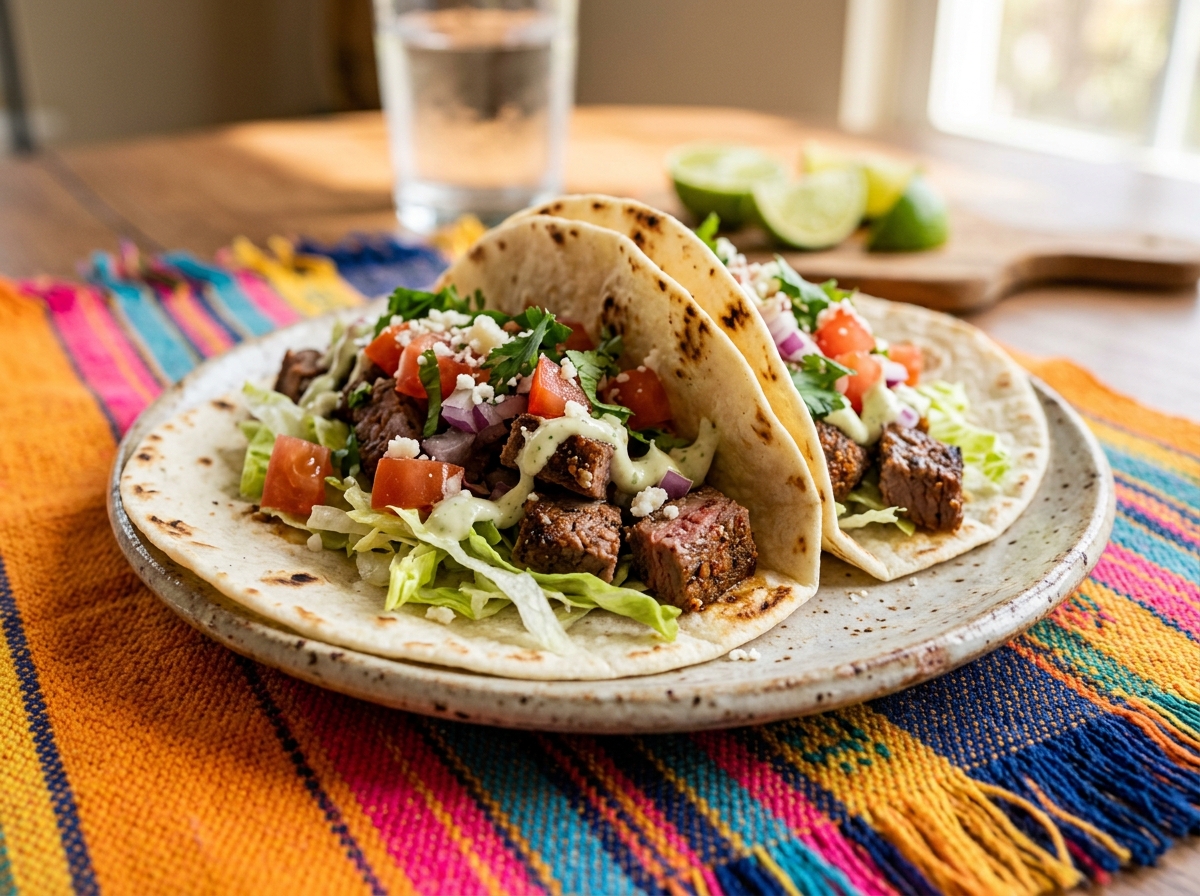 Three soft tacos with steak, lettuce and tomato