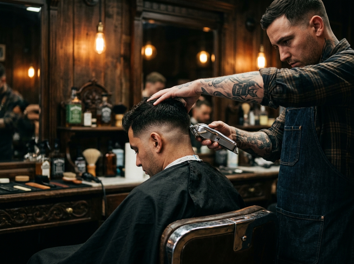 A barber working a precise fade with clippers under warm light