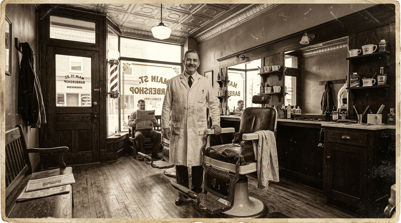 Sepia-toned 1930s-style scene of a small-town barbershop with a barber beside his chair