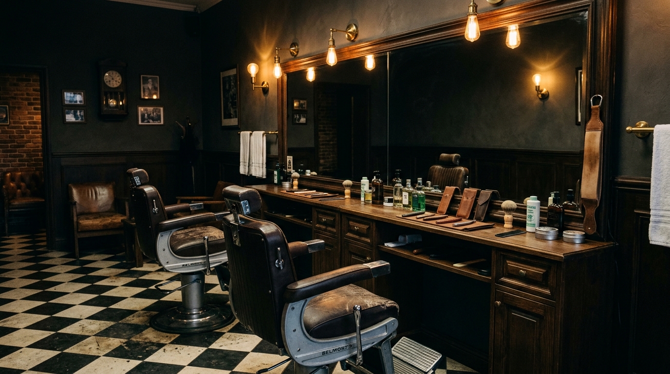 Inside the barbershop: vintage leather chairs, dark wood, brass fixtures and warm Edison light