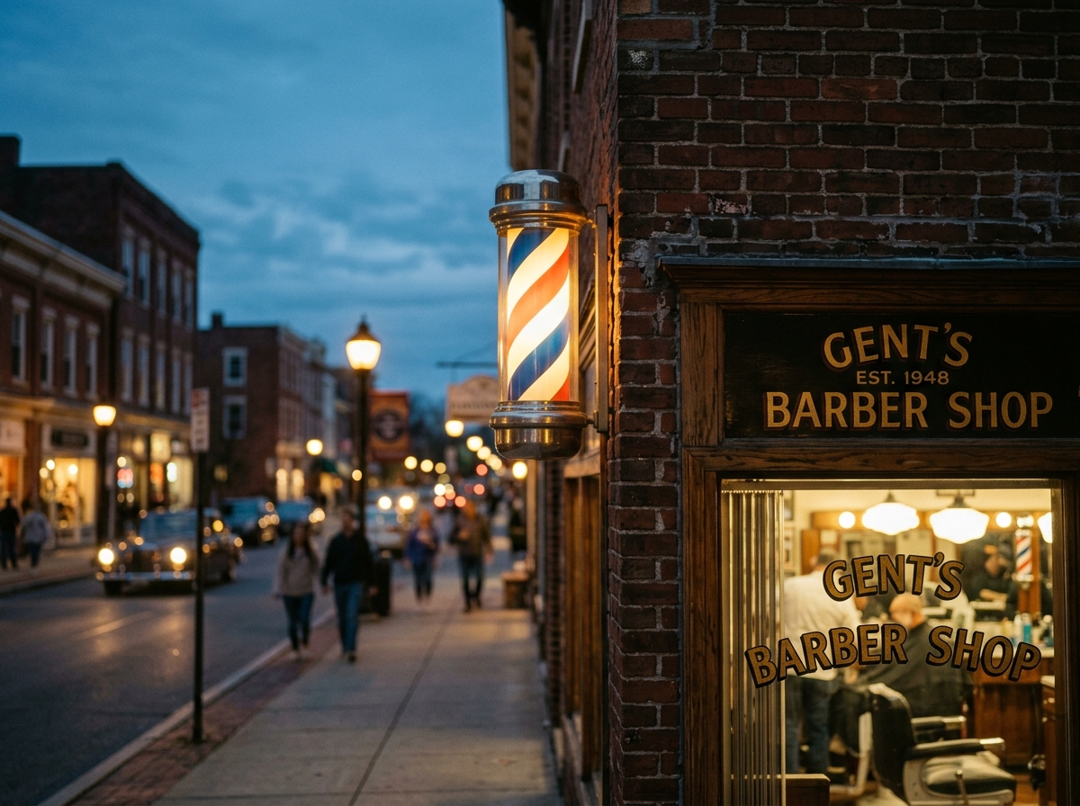 A glowing barber pole on a brick storefront at dusk