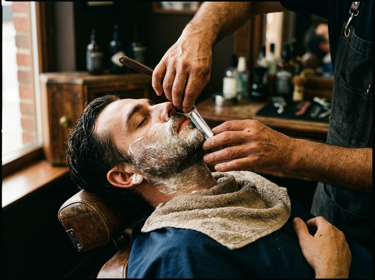 A straight razor gliding through lather during a hot towel shave