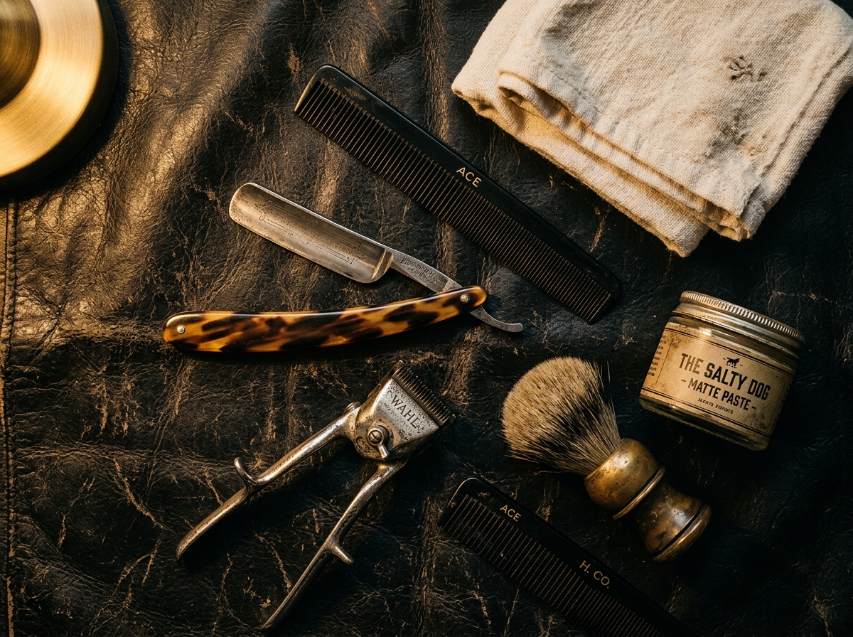 Vintage barber tools laid out on dark leather: straight razor, clippers, brush and pomade