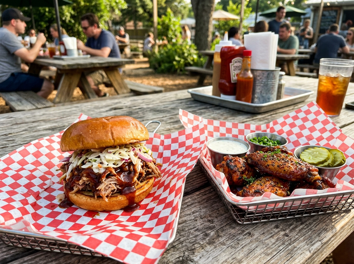 Pulled pork sandwich and smoked wings in checkered-paper baskets