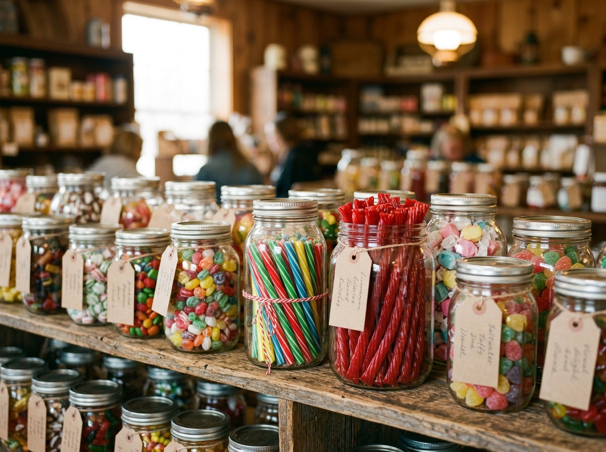 Glass jars of old-fashioned bulk candies on wooden shelves