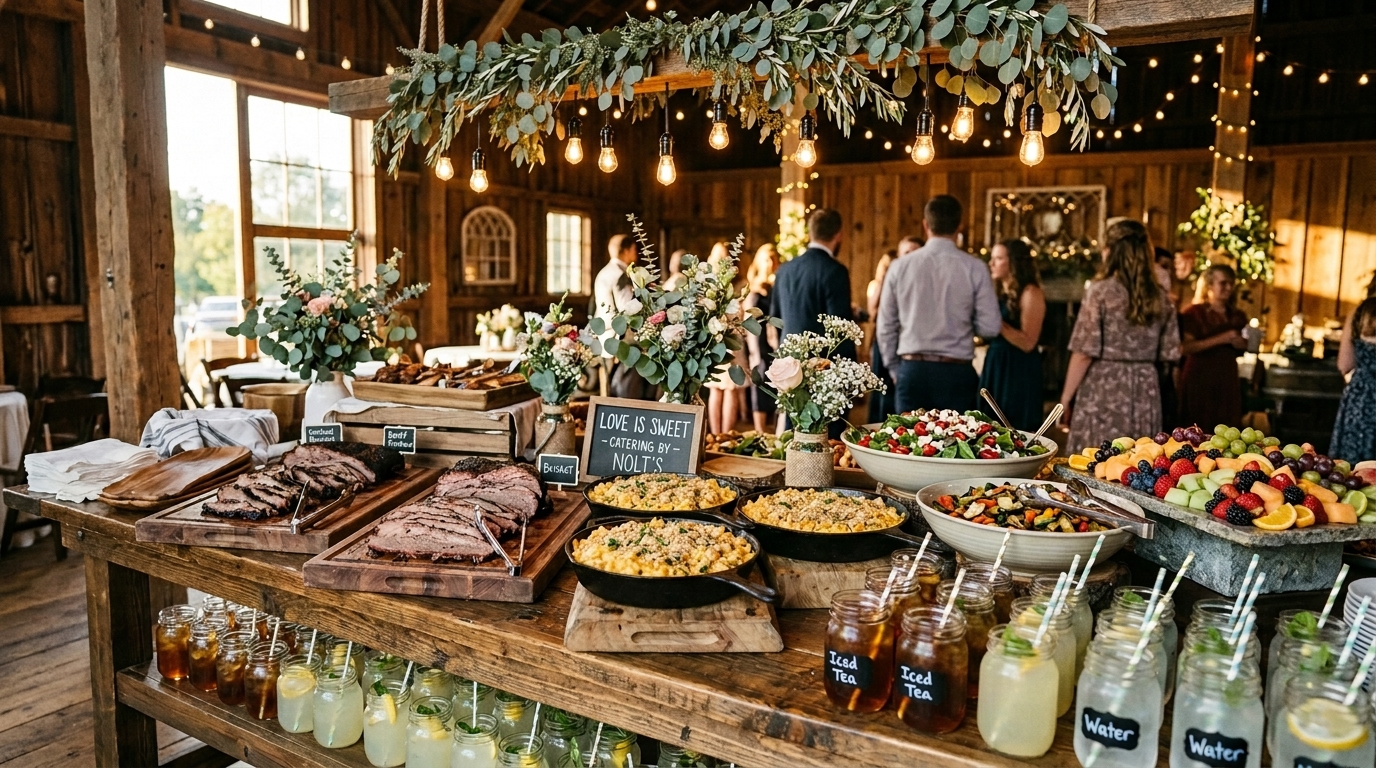 A rustic wedding catering buffet with smoked brisket, sides and mason jar drinks under string lights