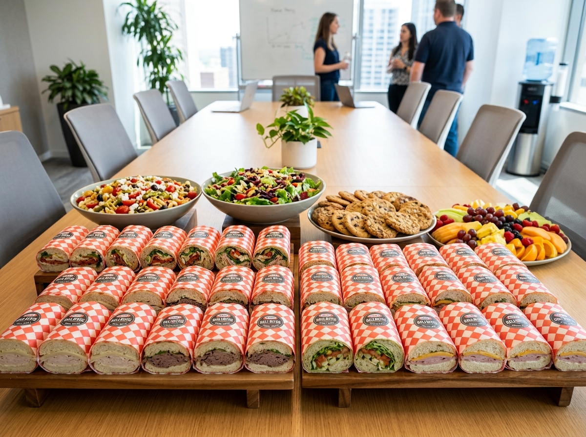 Rows of wrapped deli sandwiches and salads for a corporate lunch