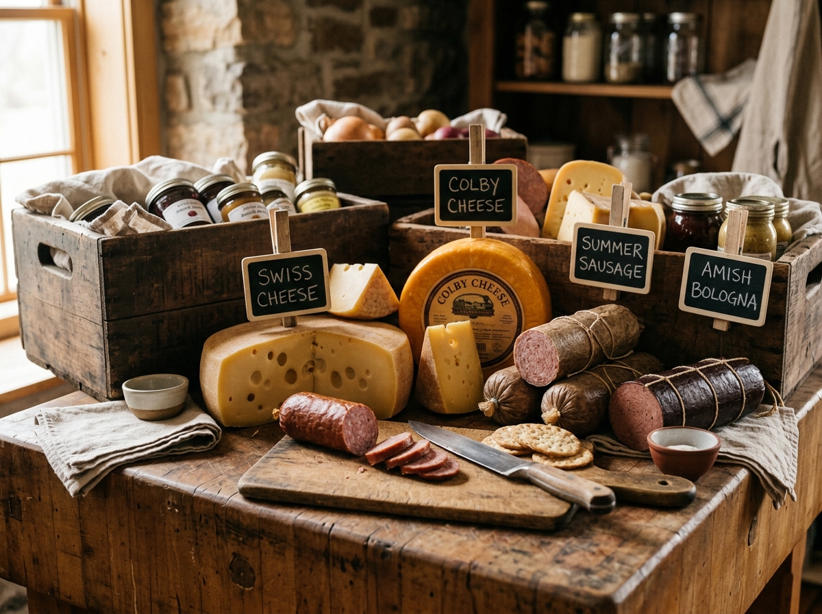Wheels of Amish swiss and colby cheese with rolls of summer sausage on a butcher block