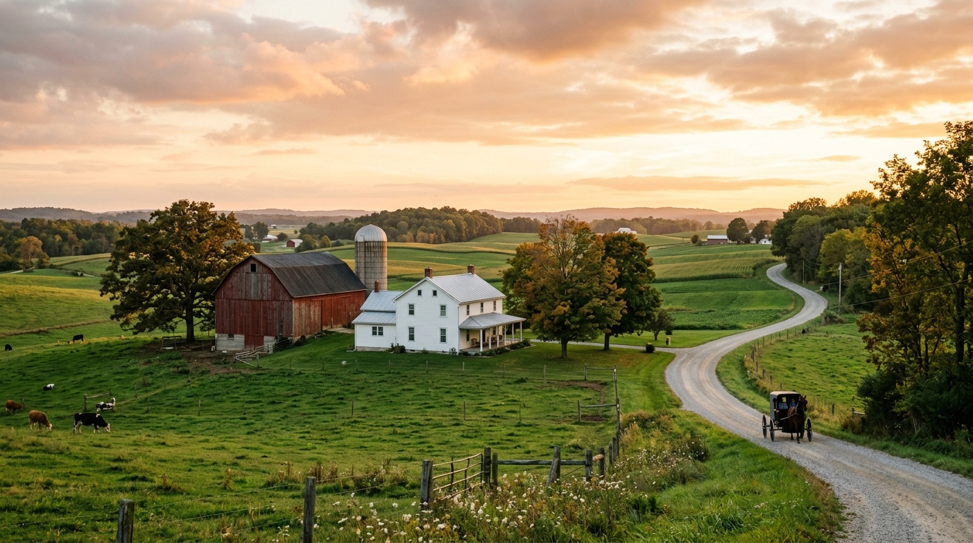 Northeast Indiana countryside at golden hour with a white farmhouse, red barn and a distant horse-drawn buggy