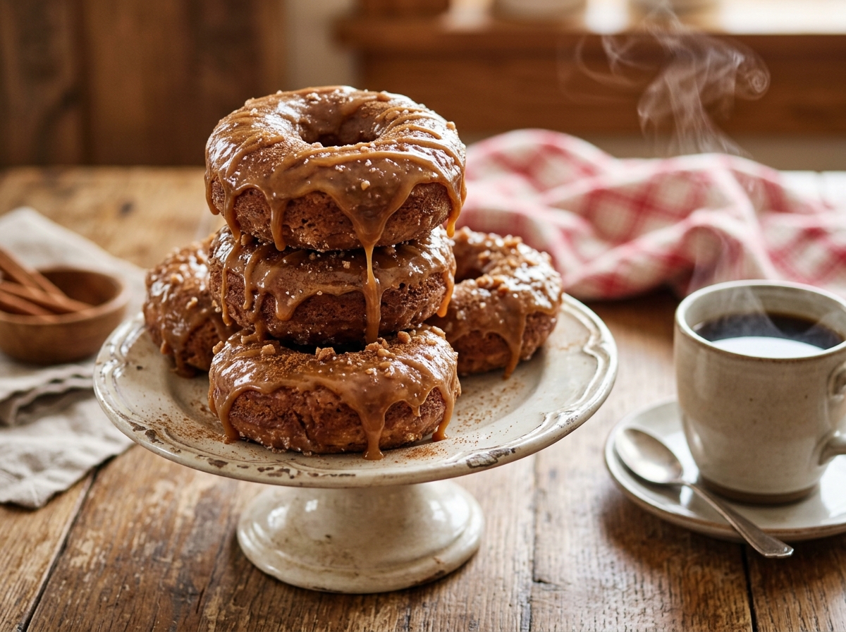 Glazed cinnamon caramel donuts stacked on a vintage cake stand