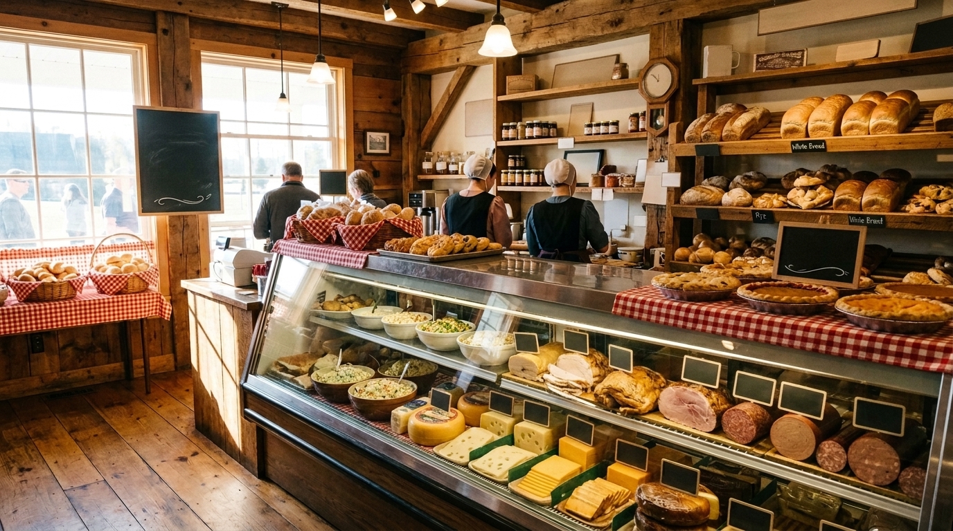 Inside Nolt's Marketplace: the deli counter stocked with Amish meats and cheeses, fresh breads and pies on the shelves behind