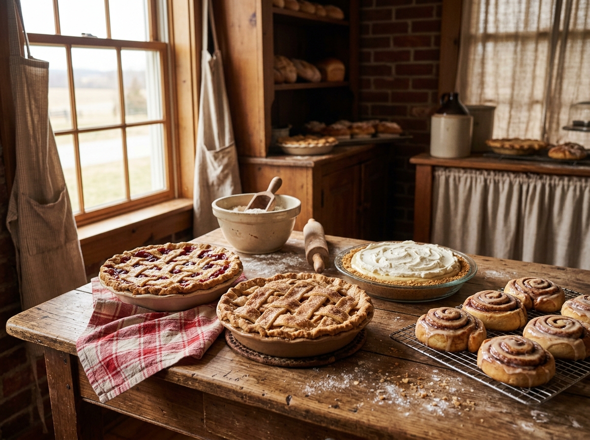 Fresh-baked lattice-top pies cooling on a farmhouse table