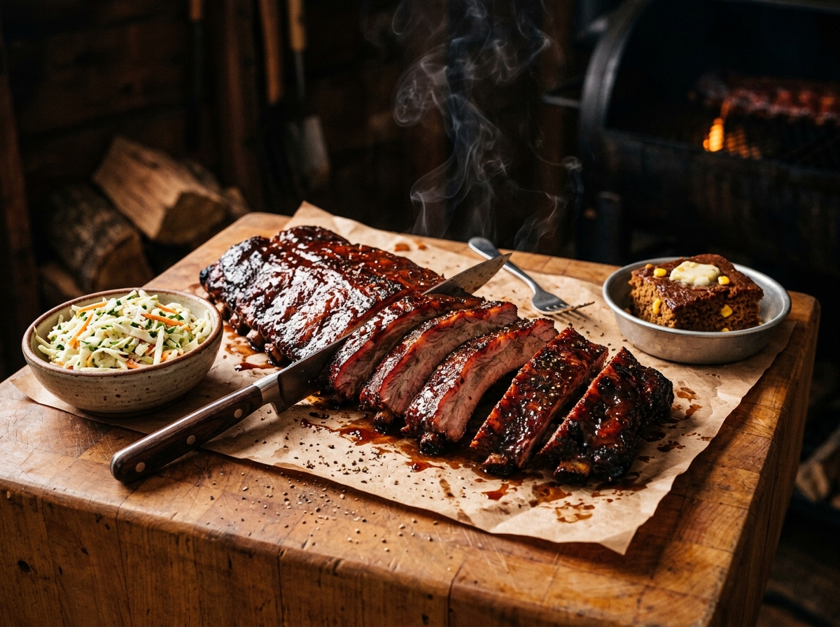 Smoked baby back ribs glistening with barbecue sauce on a butcher block