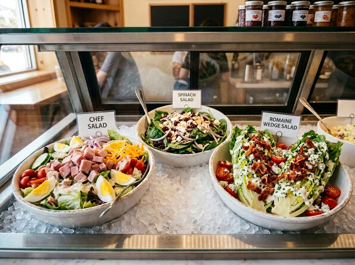 Fresh deli salads in white bowls in the deli case