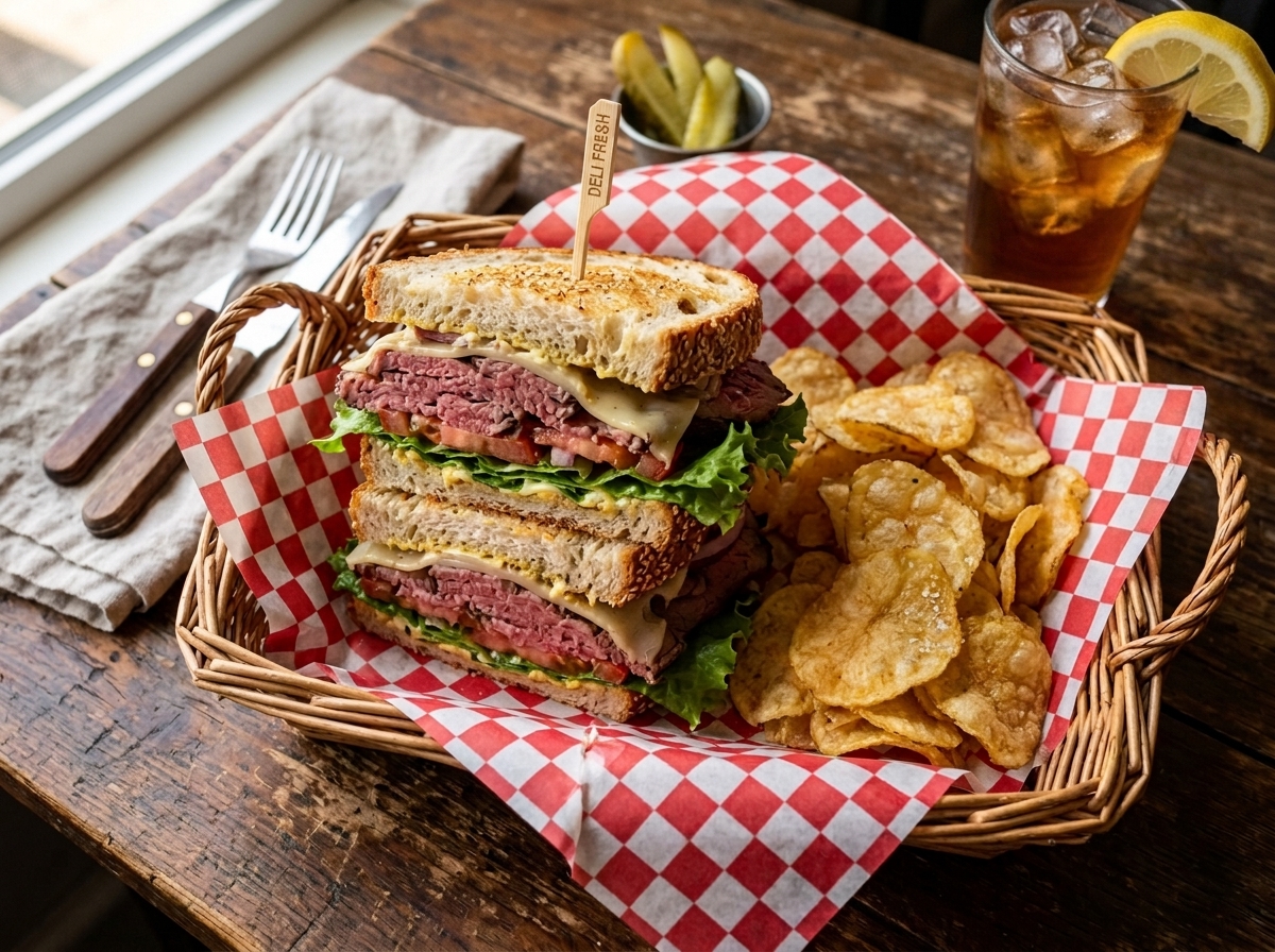 A deli sandwich in a checkered-paper-lined basket