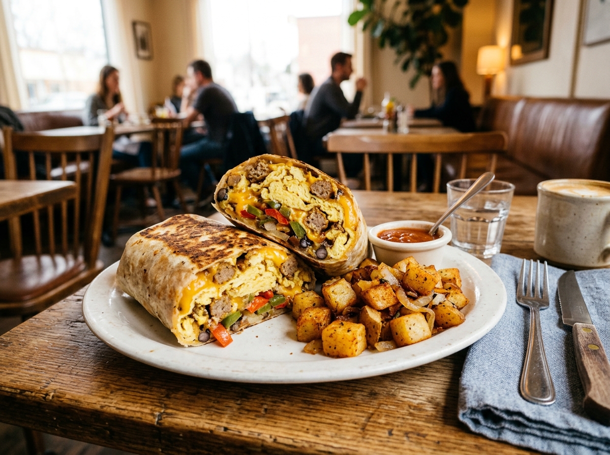 A giant breakfast burrito cut in half