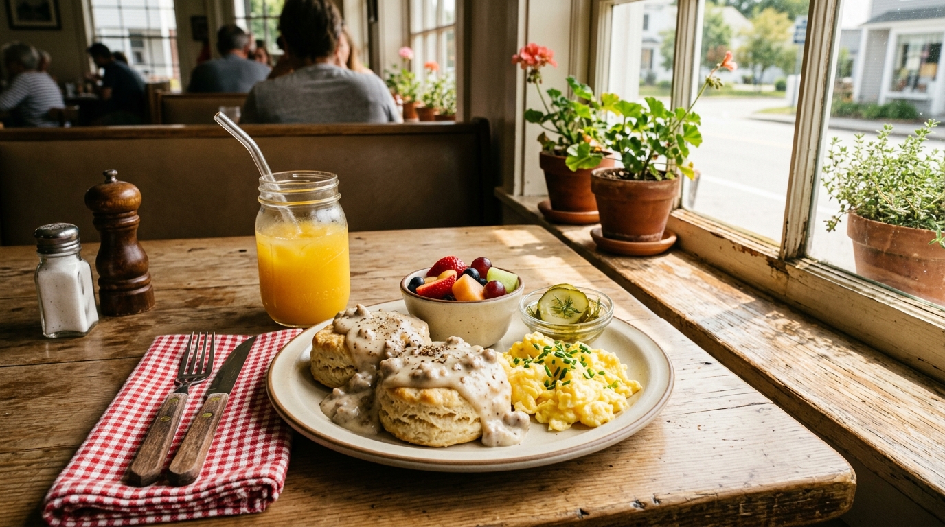 A sunny diner breakfast of biscuits and gravy with fruit and pickled cucumbers at Pickles Café
