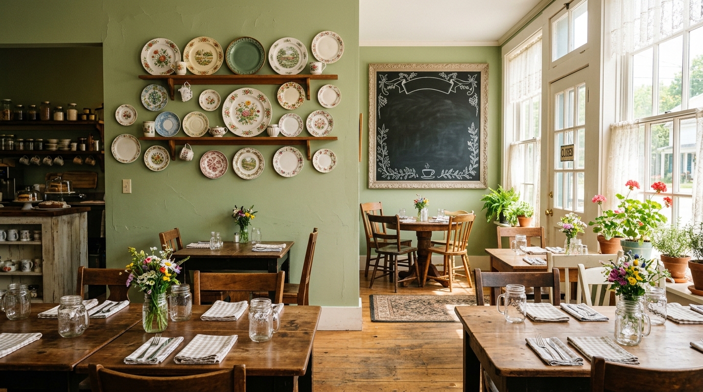 The cheerful interior of Pickles Café with vintage plates and mason jars