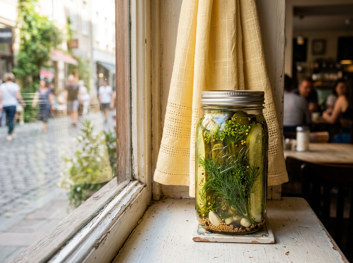 A mason jar of dill pickle spears on a sunny windowsill