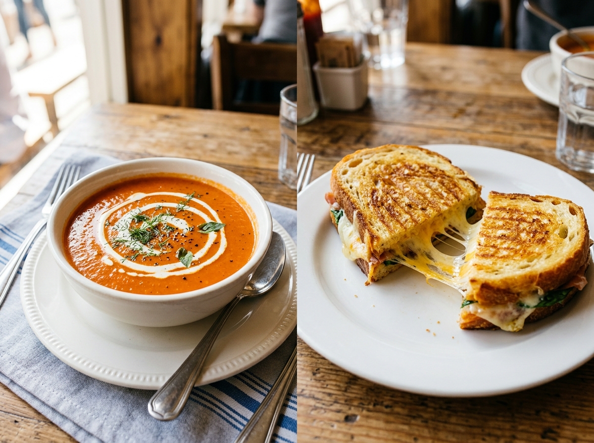 Tomato basil soup with a pressed panini