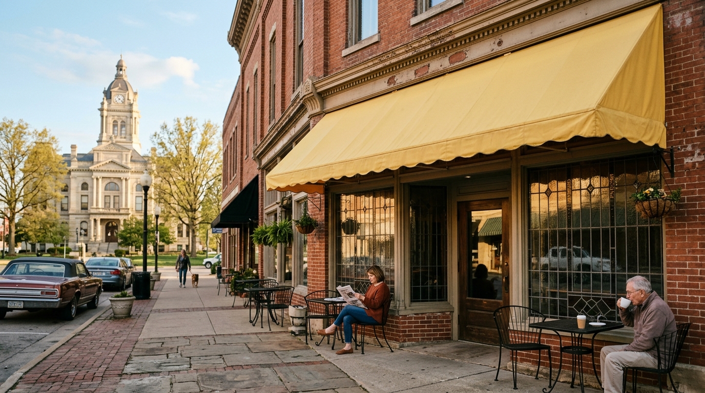 A sunny brick storefront with a butter-yellow awning near the courthouse square