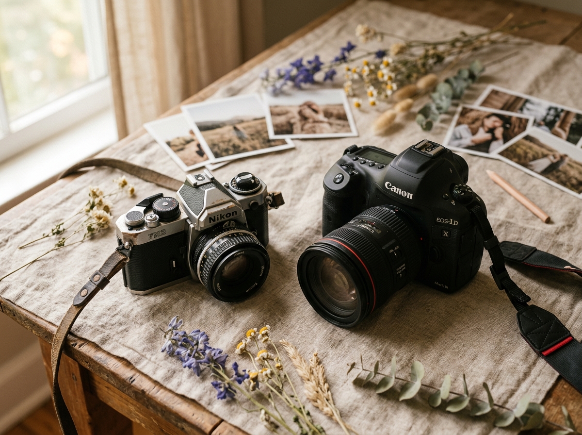 A vintage camera and printed photographs on linen in morning light