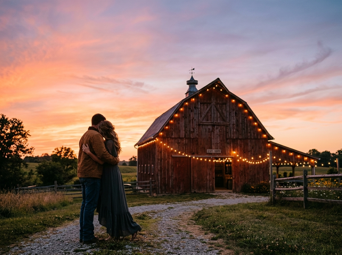 A couple silhouetted at dusk before a rustic barn with string lights