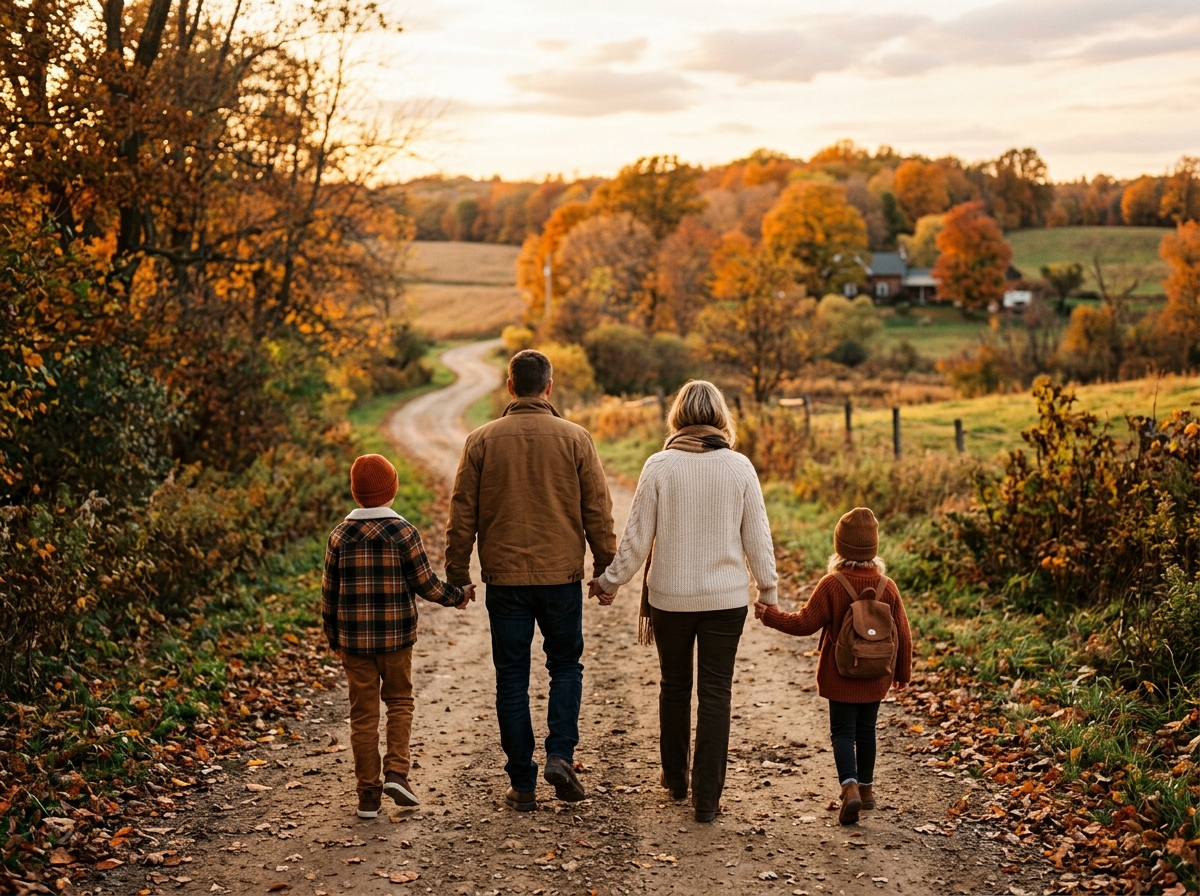 A family of four walking hand in hand down a country lane at sunset