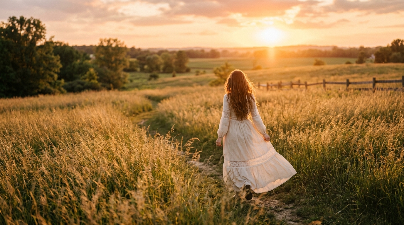 A woman in a flowing dress walking through a golden meadow at sunset