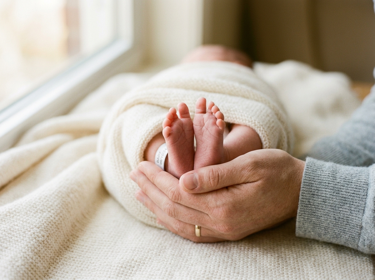 A newborn's tiny feet cradled gently in a parent's hands