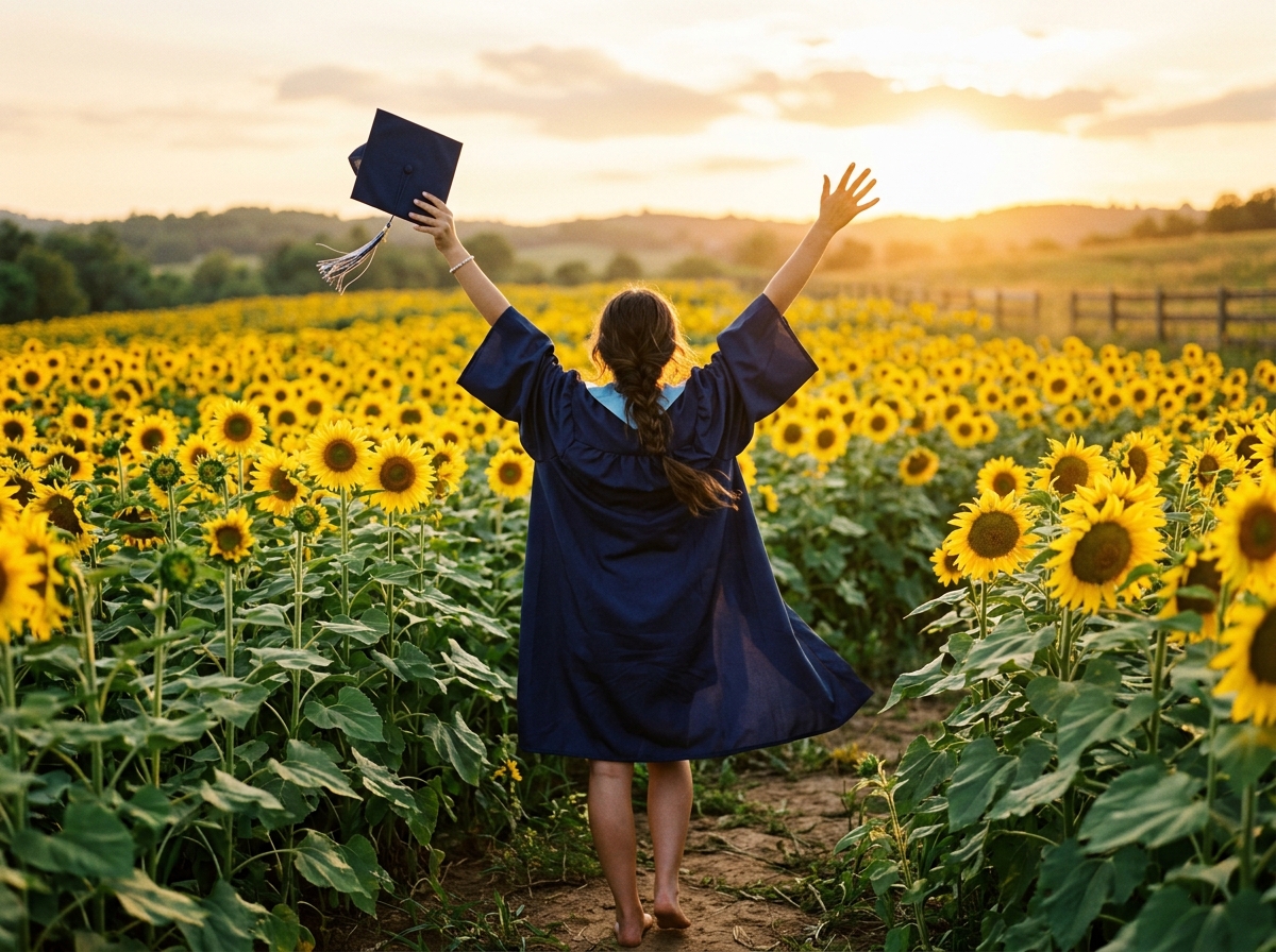A high-school senior celebrating in a sunflower field at golden hour