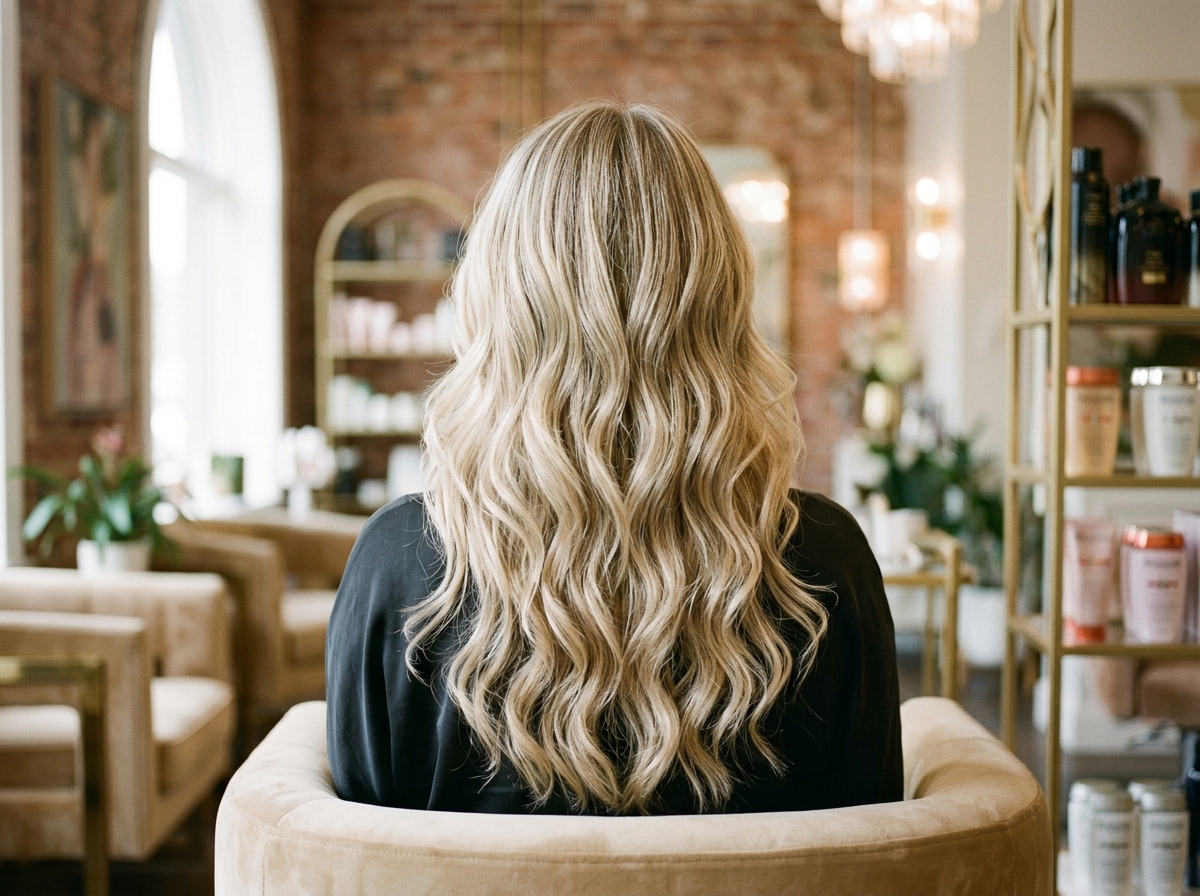 Freshly styled dimensional blonde waves in soft light