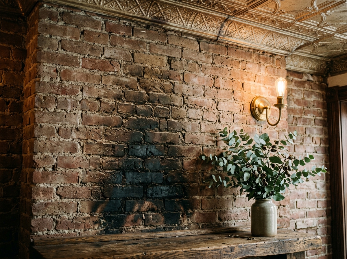 Exposed antique brick with soot-darkened patch beneath the original tin ceiling